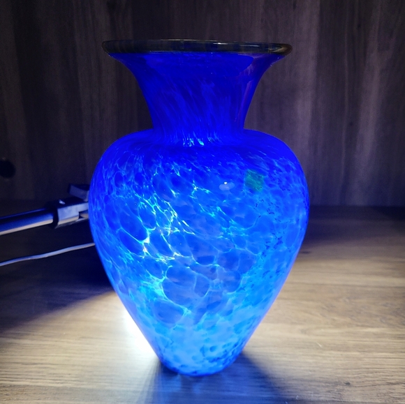 Hand Blown Glass Vase Vibrant Blue White Speckled Yellow Brim Art Glass - Picture 2 of 13